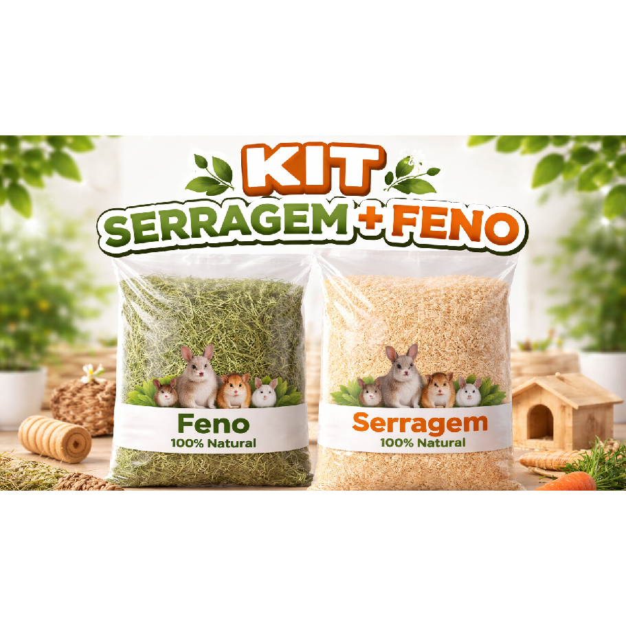 Kit Feno e Serragem De Pinus Para Roedores, Coelhos, Hamsters, Aves e Pequenos Animais