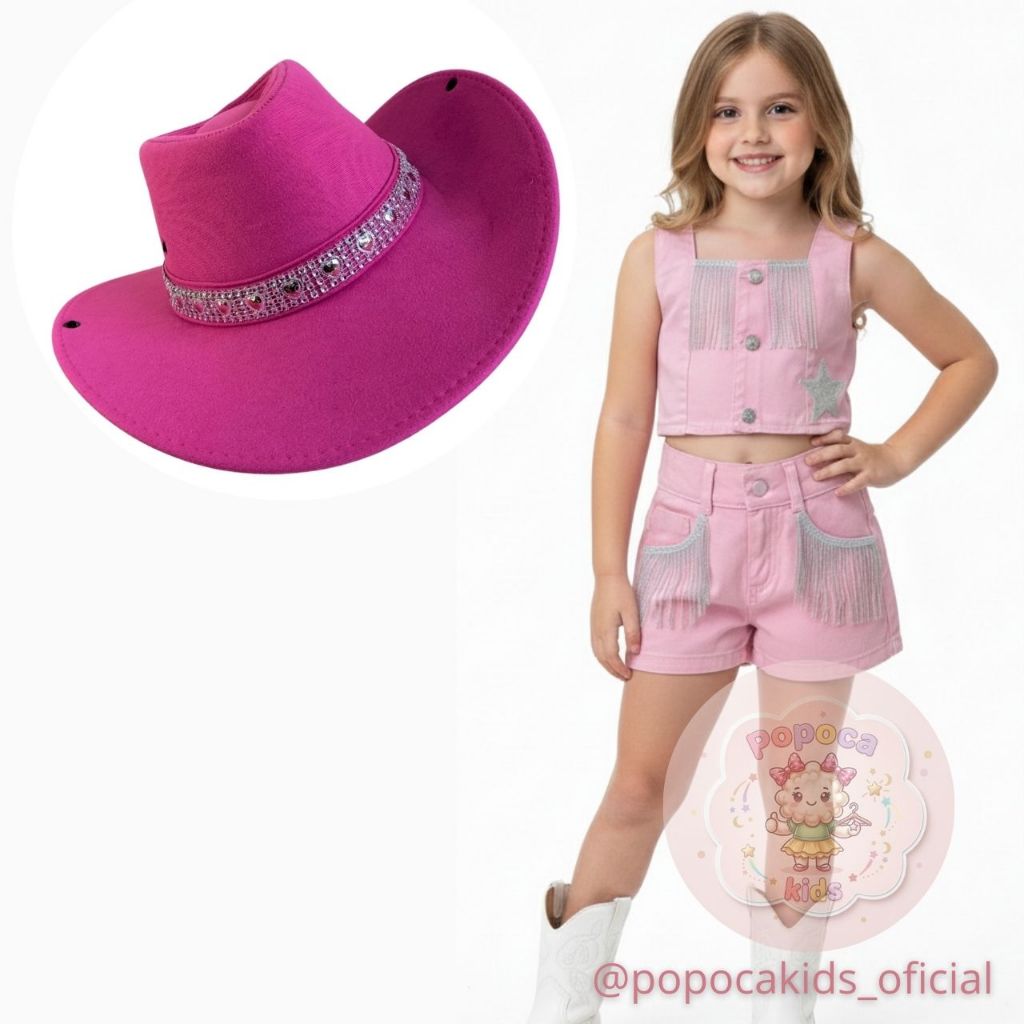 Conjunto Infantil Feminino Blogueirinha Moda Country Croped Short Franja Rosa Cowgirl Ana Castela