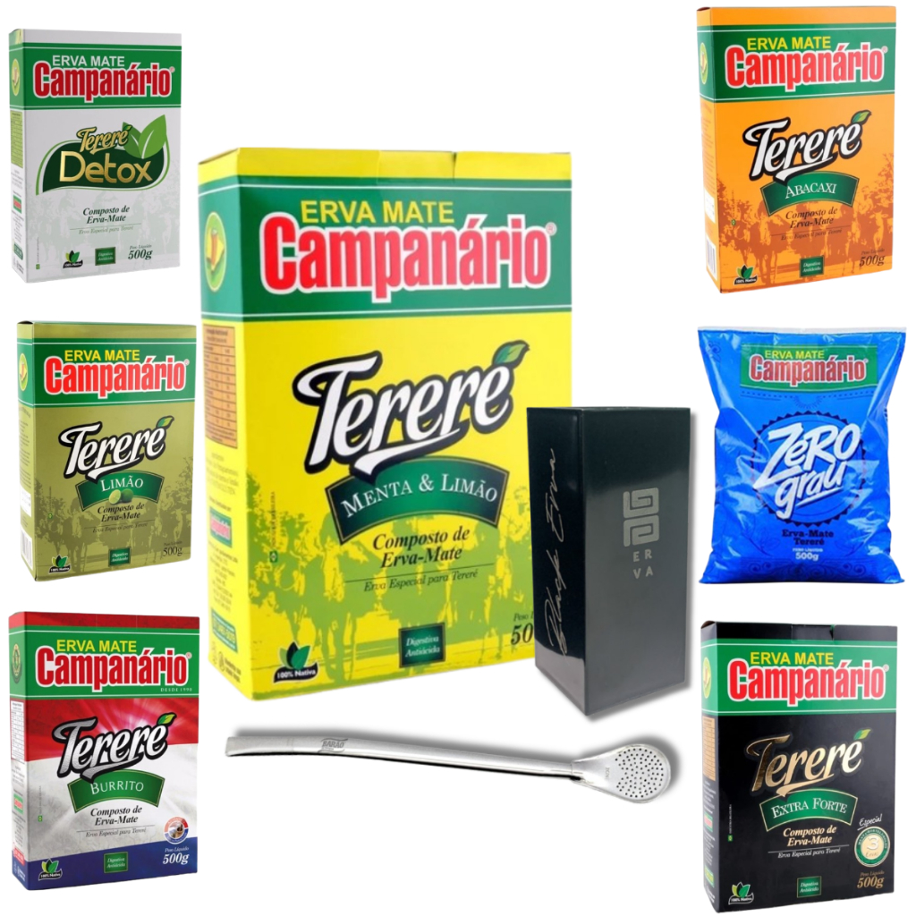 KIT TERERÉ Erva mate Campanário 500g Sabores + Copo Quadrado Preto + Bomba Cromada Tereré