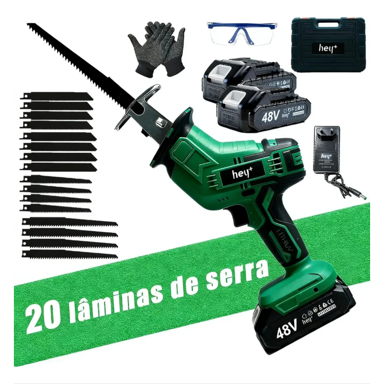 Serra Sabre Elétrica 48v Profissional 1500w Kit 2 Baterias + 20 Lâminas Corte Madeira Metal Carne Osso c/ Maleta