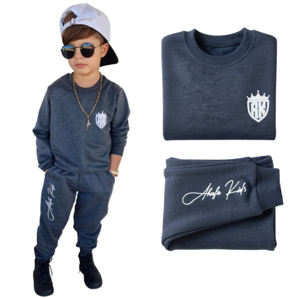 Conjunto Infantil Juvenil Masculino Casaco e Calça Moletom Monocromático