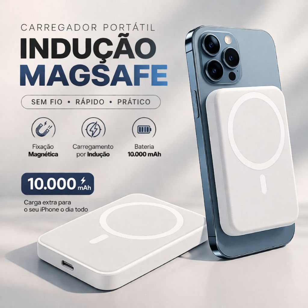 Carregador Portátil Indução iPhone Magsafe Apple Sem fio Bateria Carga 10 000 Ma
