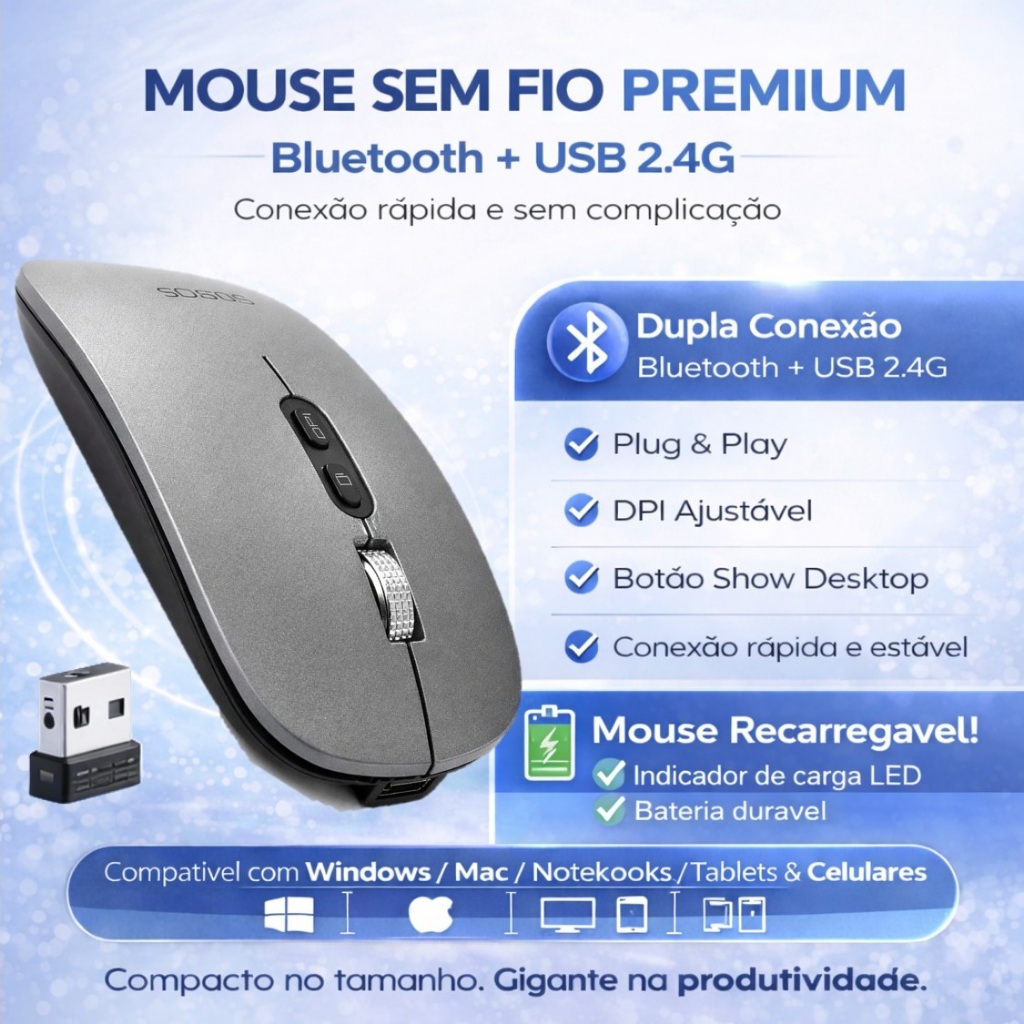 Mouse Sem Fio Recarregável Bluetooth ou Pino USB DPI Ajustável Note Tablet Android iOS Windows