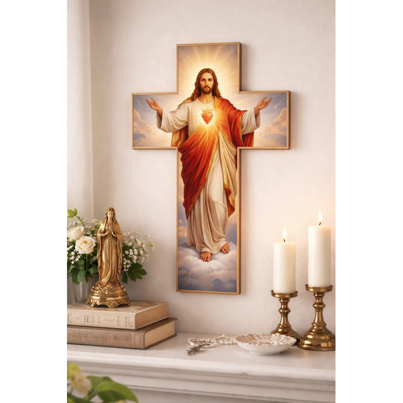Quadro placa Cruz Sagrado Coração de Jesus Decorativo MDF Premium – Arte Religiosa Católica para Parede