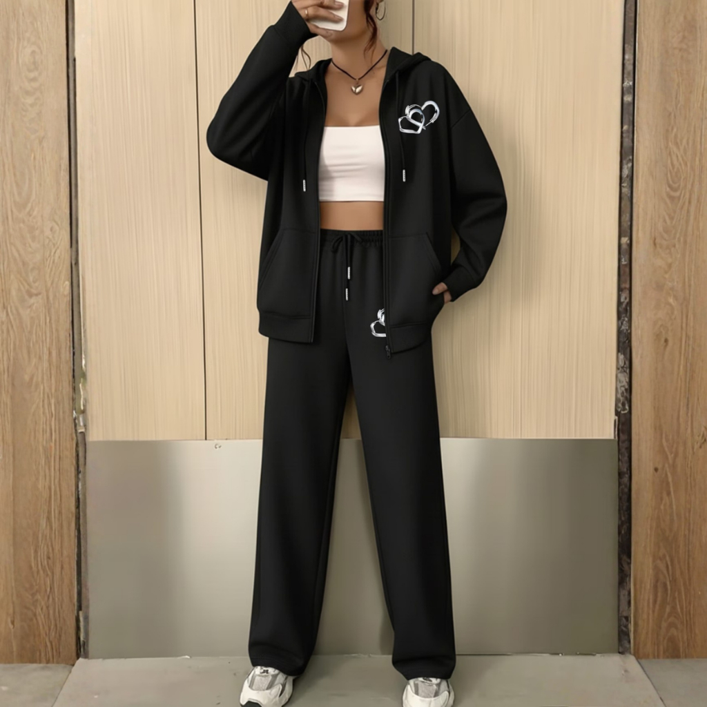 Conjunto Moletom Feminino Calça Wide Leg + Casaco com Zíper Estilo Gringa Coração Academia Casual