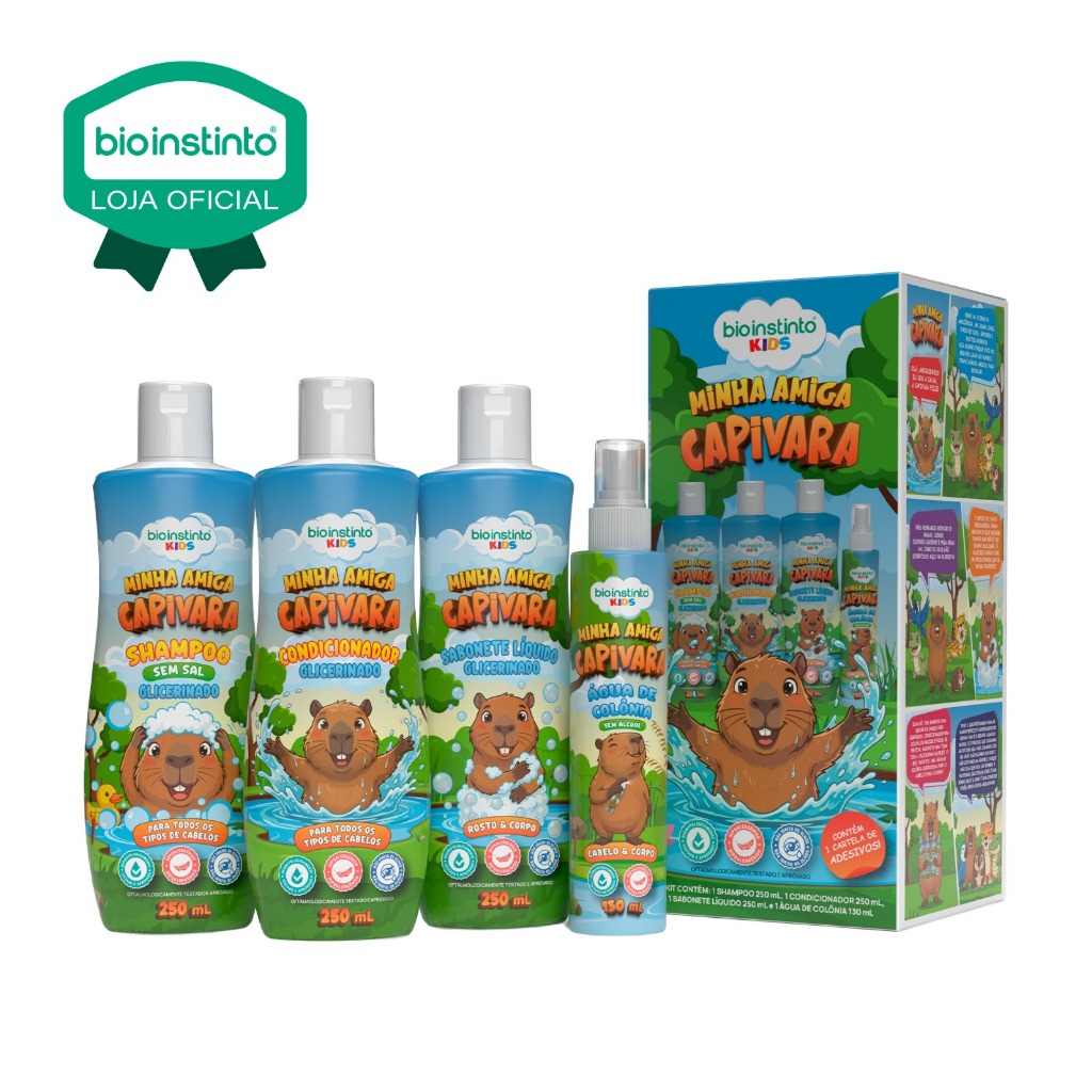 01 KIT MINHA AMIGA CAPIVARA Capilar Infantil 4 Itens Bio Instinto Cabelo e Corpo Acompanha adesivo