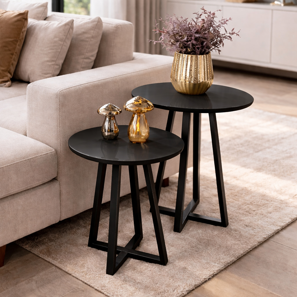 Kit 2 Mesas Lateral Redondas Decorativas Grécia Pretas Base Pé Aço Preto Apoio Sala Moderna Luxo 20x30