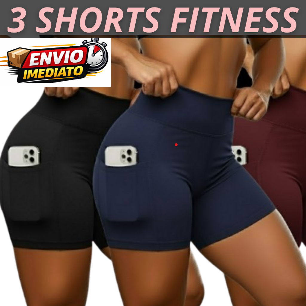 Kit 3 Short De Academia Feminino Fitness Suplex Cintura Alta Confortável Zero Trasparencia