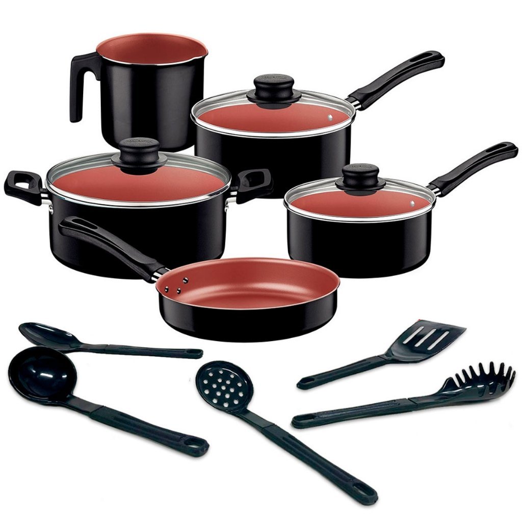 Jogo de Panelas Tramontina Caribe 5 peças Preto e Conjunto Utensílios em nylon 5 Ppçs em Oferta na Shopee