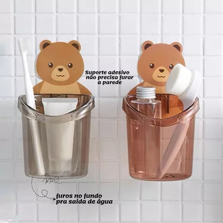 Kit 1/2 Peças Suporte Porta Escova De Dentes Para Barbeador Banheiro Com Urso Adesivo