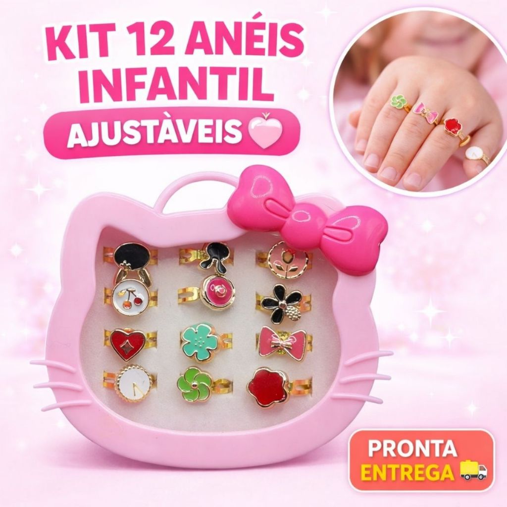 Kit Anel Infantil Ajustável 12 Peças Menina Colorido Fofo Bijuteria Criança Com Caixinha Envio 24h