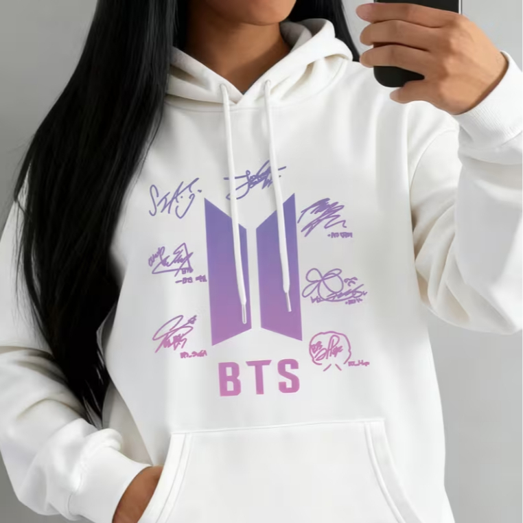 Moletom Canguru Blusa de Frio Bolso Capuz K-pop BTS Autografo Jin Suga J-Hope RM Jimin V Jun Boyband