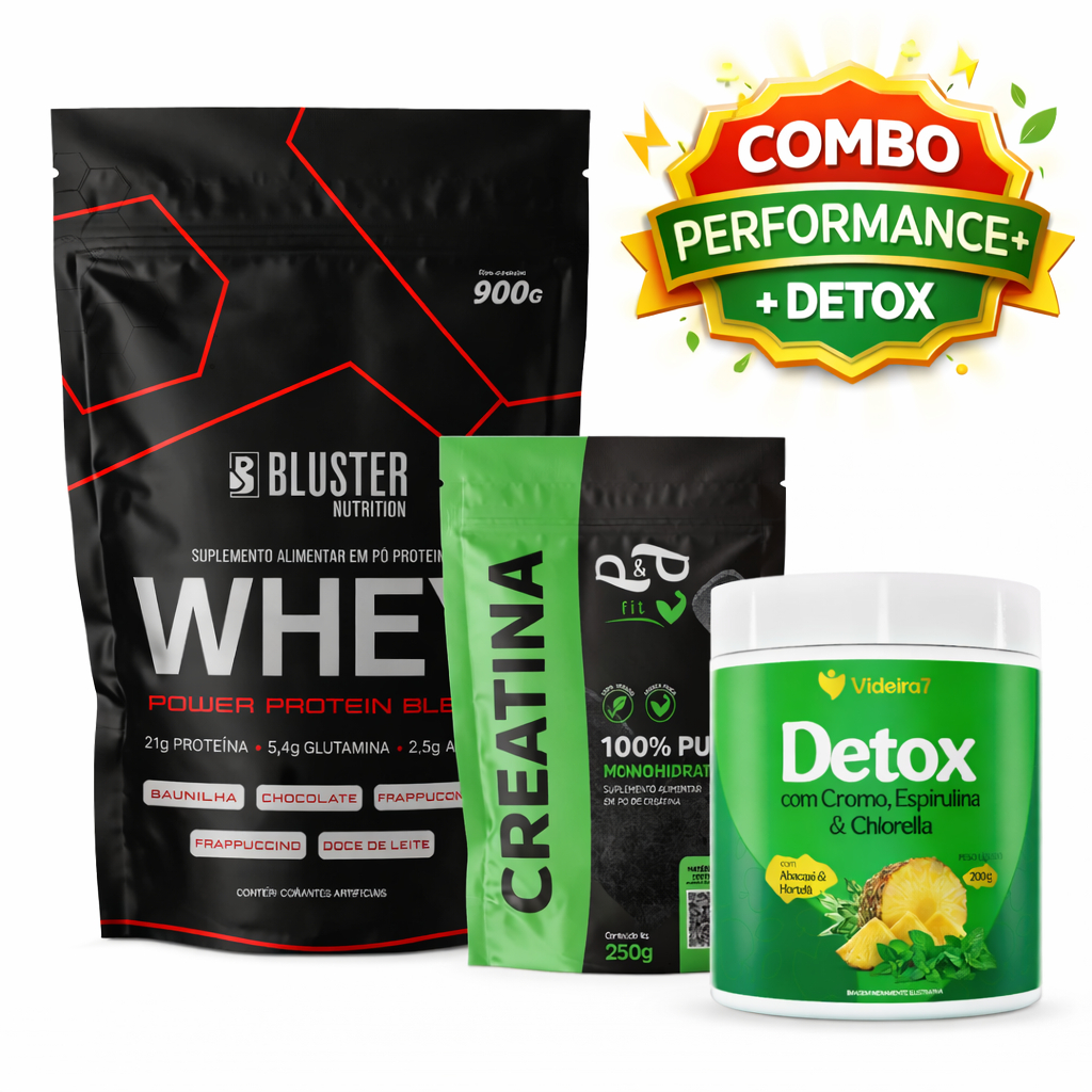 Kit Whey Protein 900g + Creatina 250g 100% Pura + Detox em pó Spirulina Chlorella em Oferta na Shopee