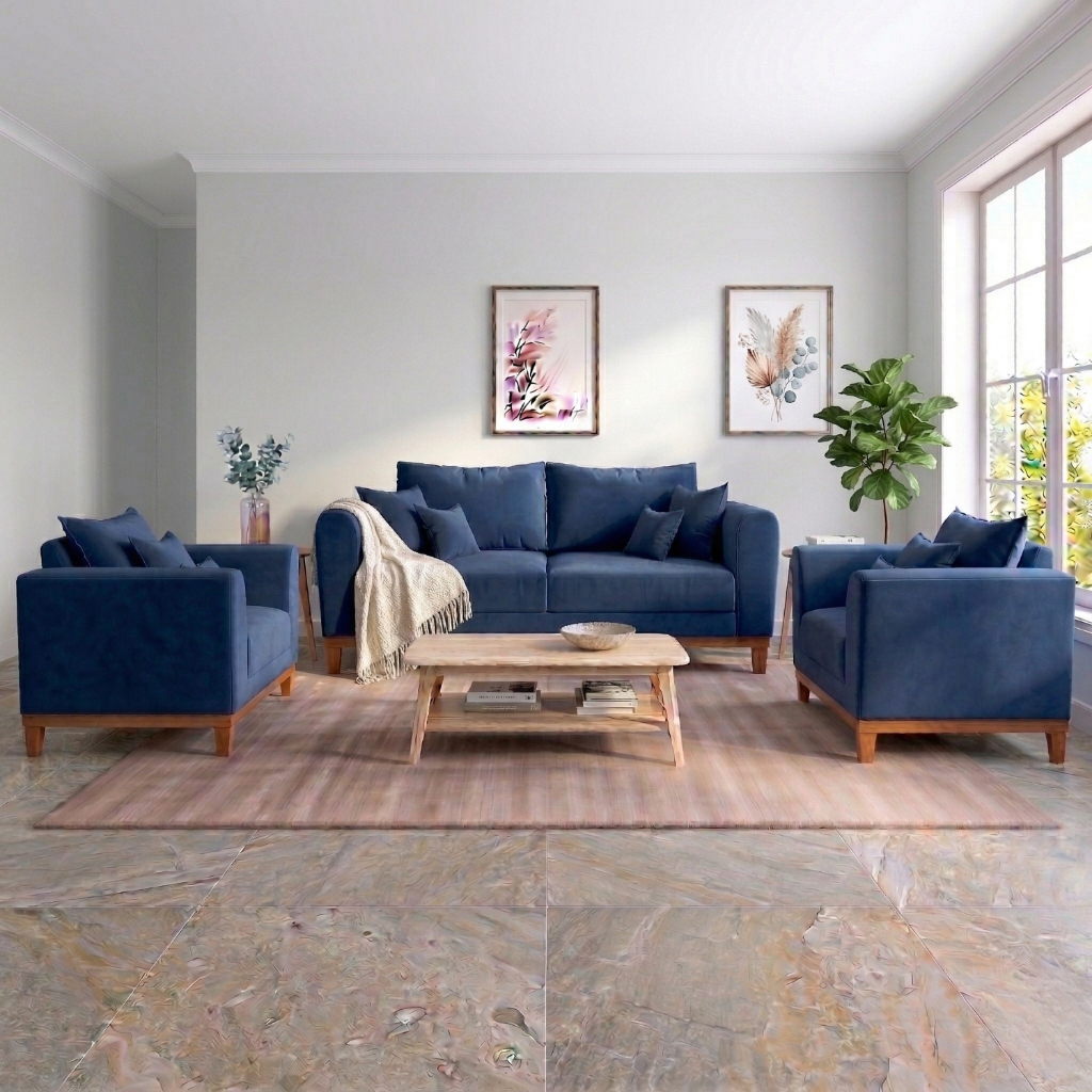 Kit Sofá 3 Lugares e Poltronas Sala de Estar Beny Suede Azul Marinho Madeira Estofados