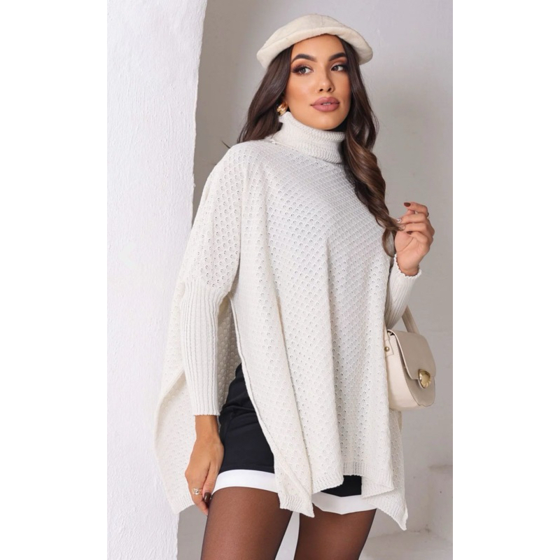 Poncho Tricot Estiloso Manga Longa Premium Confortáveis Soltinho Moda Inverno Outono Feminina
