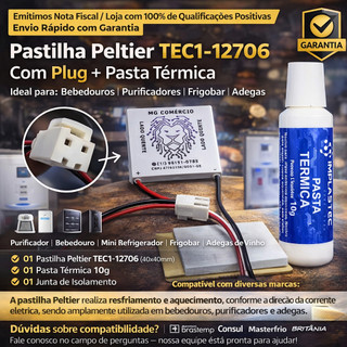 Pastilha Placa Peltier + Pasta Termica Com Plug Placa Bebedouro Purificador Adega Vinho