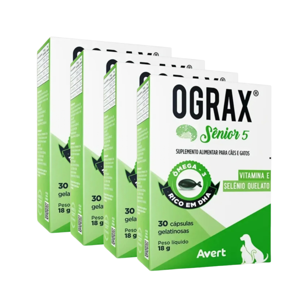 4 Ograx Senior 5 Suplemento Cães Cão Gatos Cachorros 30 Cap Avert