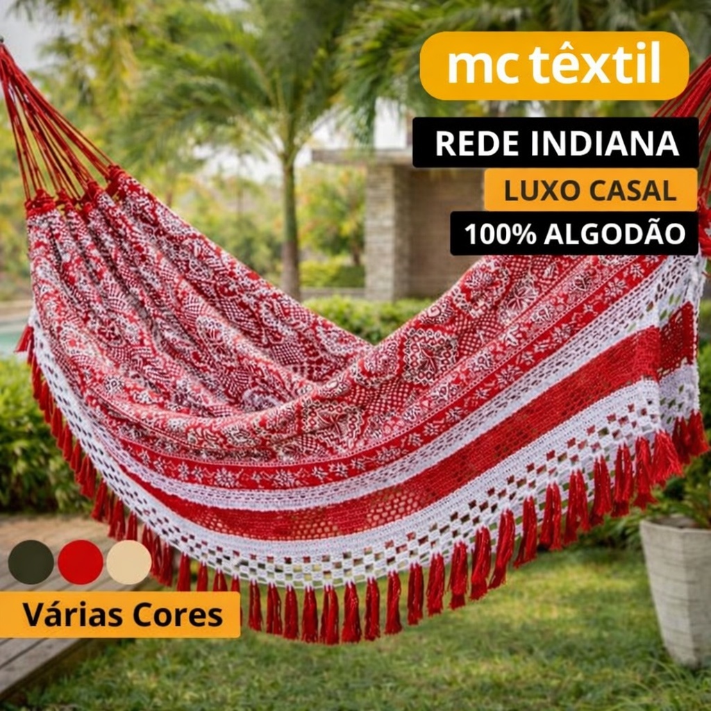 Rede de Descanso Casal 4,5m Indiana Reforçada Luxo 100% Algodão Várias Cores Confortável e Resistente artesanal
