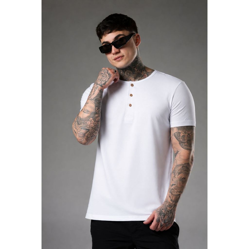 Camiseta Masculina Premium Henley ou Gola Redonda Fio 30 penteado 100% Algodão