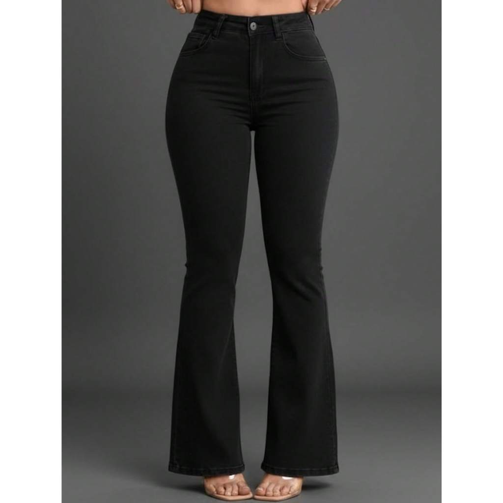 Calça Flare Feminina Preta Cintura Alta Com Elastano Modela Corpo Elegante Confortável Dia a Dia Trabalho
