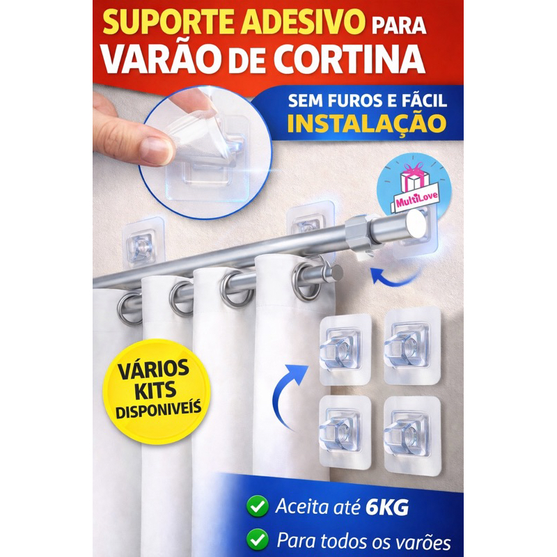 Kit Até 16 Suporte Varão Haste Cortina Adesivo Dupla Face Até 4kg Sem Furar Instala Sem Prego
