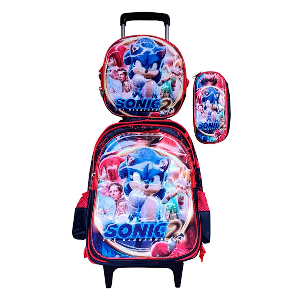 Kit Mochila do Sonic em 3D Alto Relevo com Rodinhas + Lancheira Térmica + Estojo Escolar Infantil