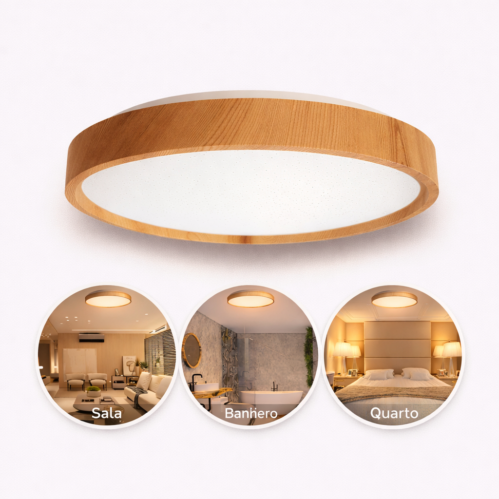 Plafon Luminária Star Madeira 30W Redondo Sobrepor Efeito Estrelado Led Multicolor Disoma em Oferta na Shopee