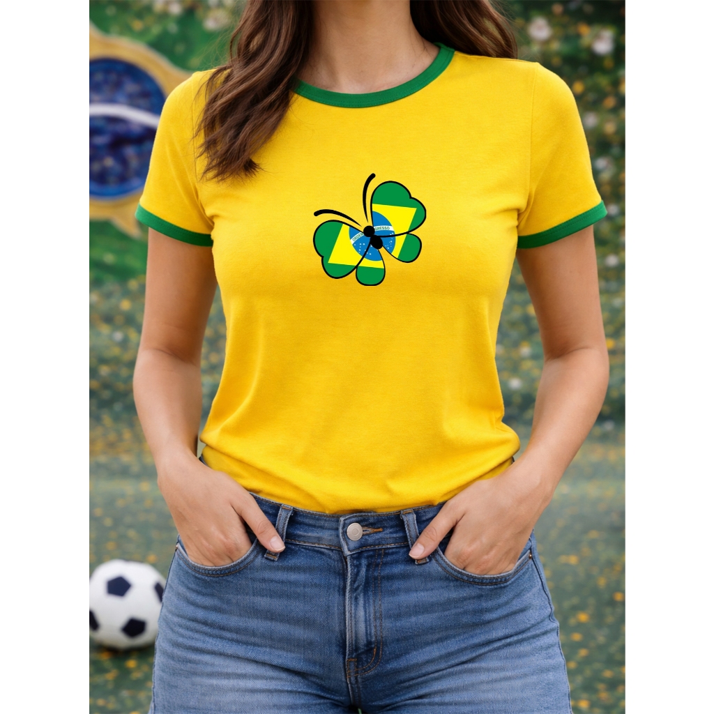 Camiseta Brasil Feminina Blusa Babylook Copa do Mundo Brasileira Futebol Borboleta BrasilCore 100% Algodão