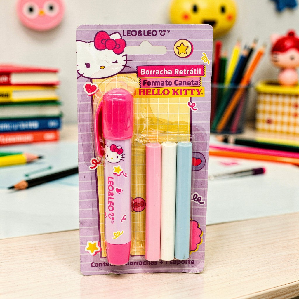 Borracha Caneta Retrátil Hello Kitty (Blister c/ 01 Suporte + 03 Borrachas) – Leonora