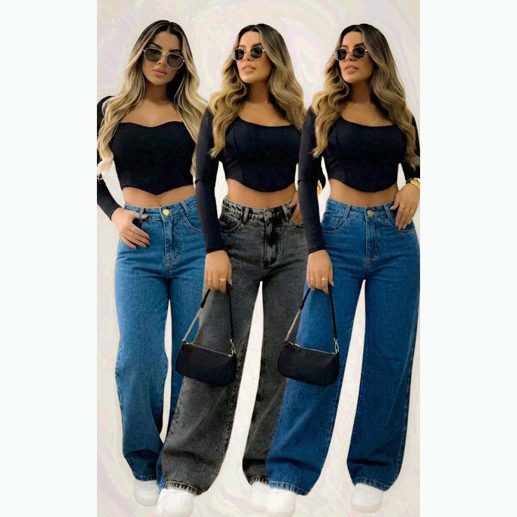 CALÇA WIDE LEG FEMININA JEANS PANTALONA 100% ALGODÃO CALÇA BOCA LARGA BOCA DE SINO RETA em Oferta na Shopee