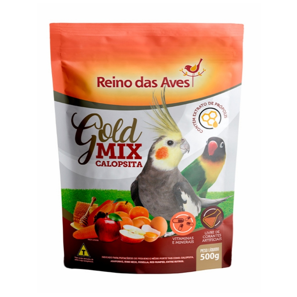 REINO DAS AVES GOLD MIX CALOPSITA 500GR RAÇÃO SEMENTES MISTURA PERIQUITO RINGNEK AVE PSITACIDEO AGAPORNE MARITACA PENA