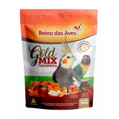 REINO DAS AVES GOLD MIX CALOPSITA 500GR RAÇÃO SEMENTES MISTURA PERIQUITO RINGNEK AVE PSITACIDEO AGAPORNE MARITACA PENA