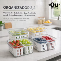 Kit 1 a 4 Organizador Geladeira 2,2L Clear Fresh Cesto Frutas Verduras com Divisória