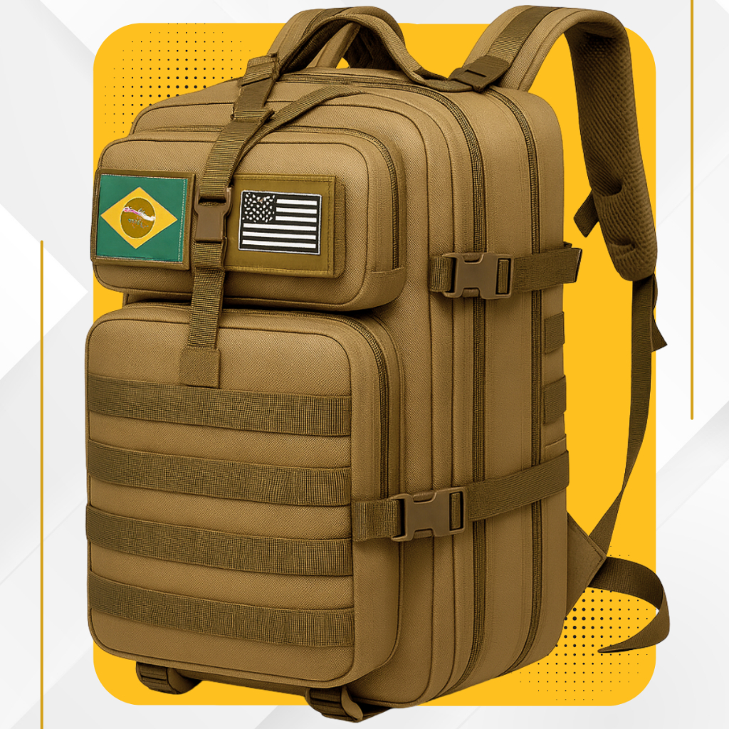 Mochila Militar Tática Impermeável 50 Litros Grande Reforçada com 2 Bandeiras Brasil EUA