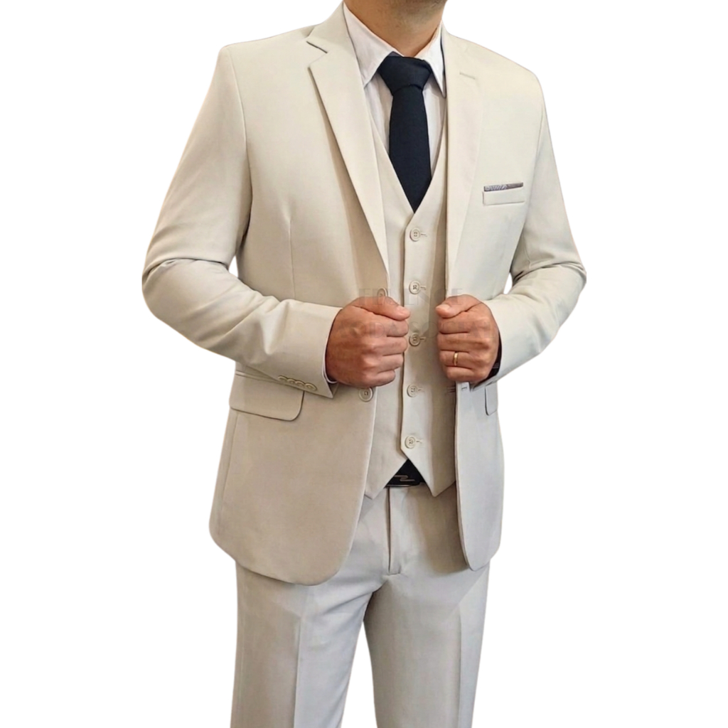 Terno Social Masculino Slim Linha Luxe Completo Com Colete Microfibra Gabardine
