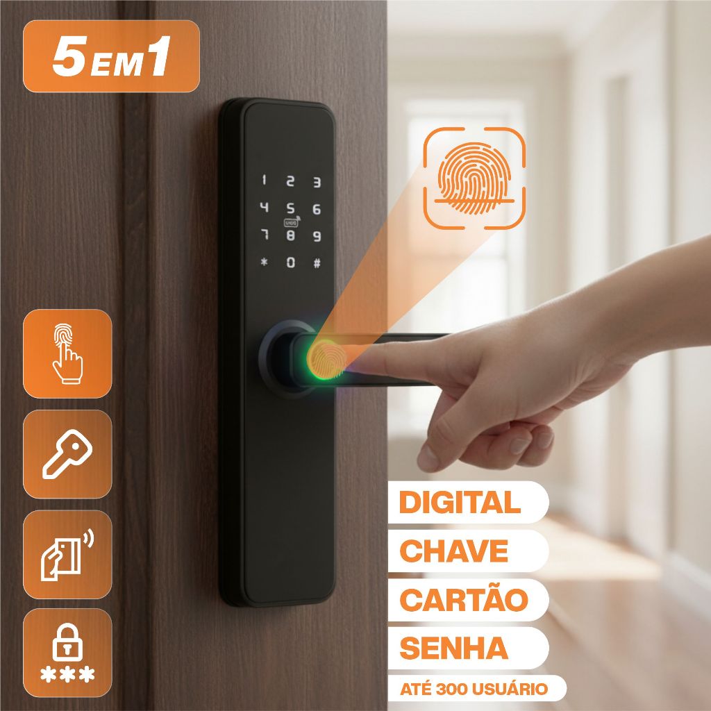 Fechadura Digital Eletrônica Segurança 5 em 1 App TTLock Biométrica Touch Senha Bluetooth Cartão Tag