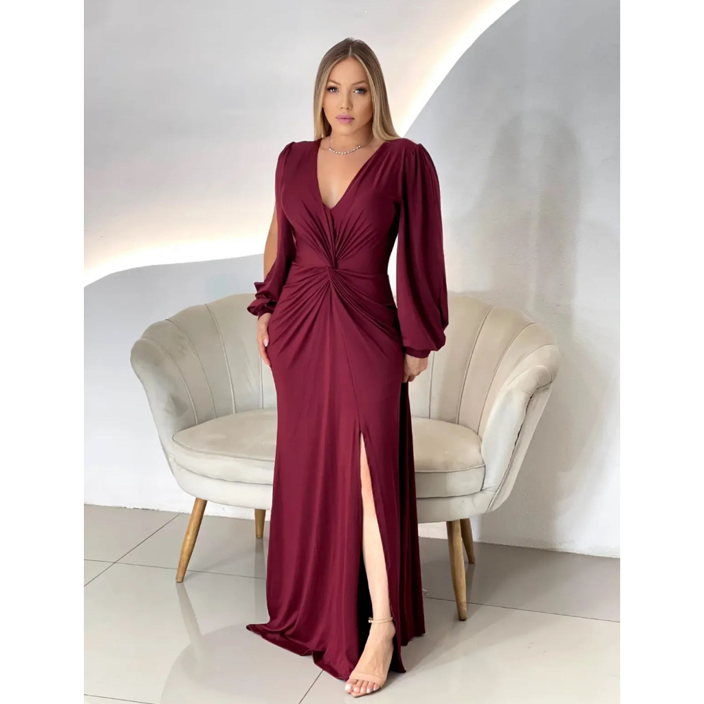 Vestido Festa Madrinha Convidada Casamento Manga Longa Com Recorte Vazado Elegante Ideal Para Noites e Dias Inverno