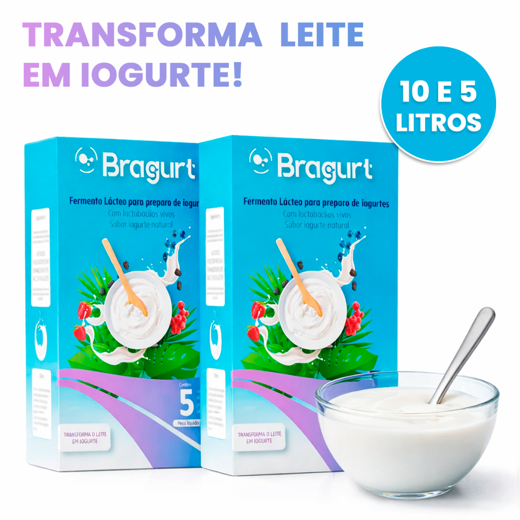 Fermento Para Fazer Iogurte Natural Sem Açucar Bragurt Tradicional Sem Espessantes 10 e 5 Litros