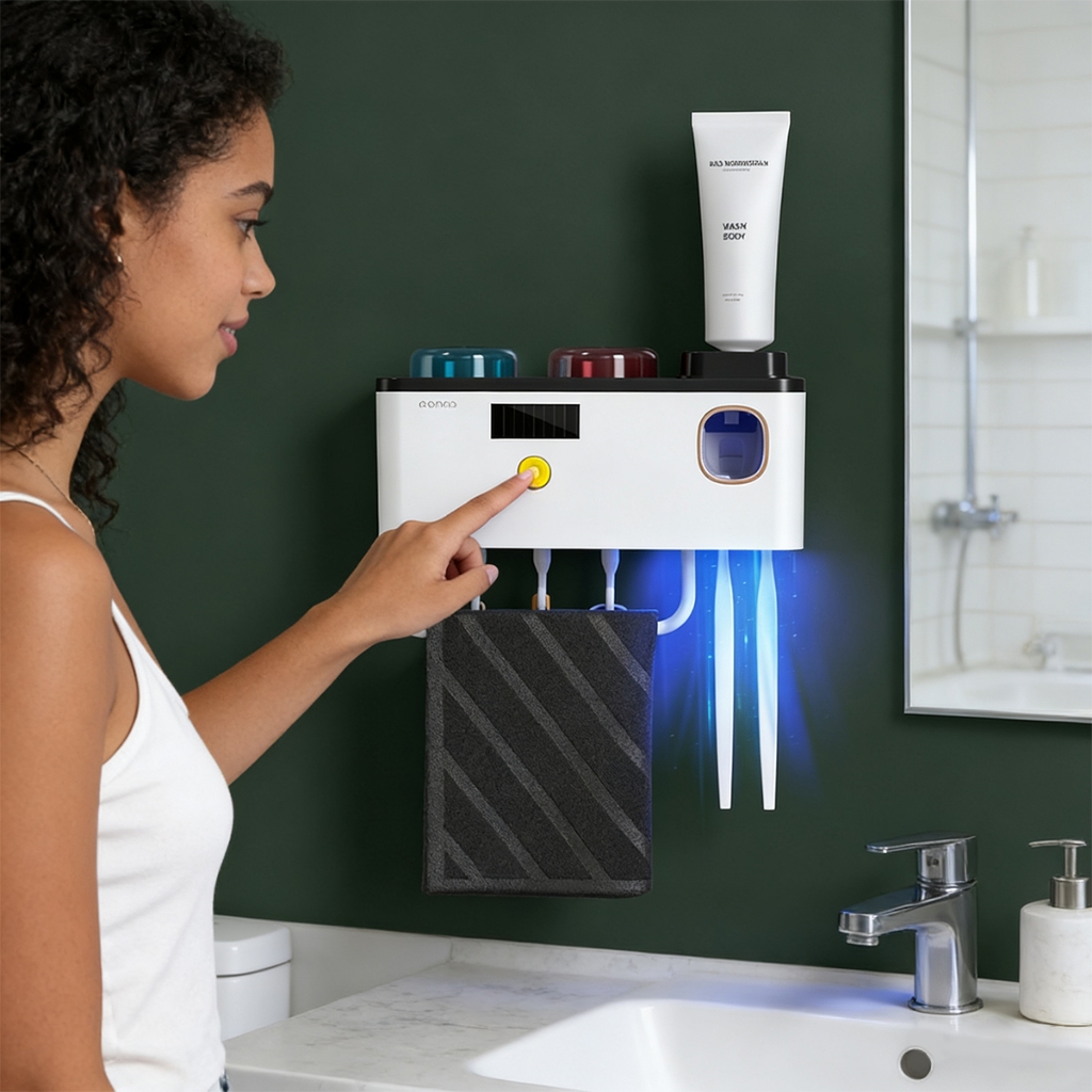 Esterilizador de Escova com Secagem e Dispenser de Pasta 3 em 1/99,9% de bactérias, germes e fungos com luz UV-C K8/K9