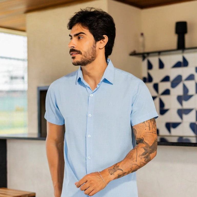 Camisa Social Masculina Manga Curta Linho Leve Cores Variadas Slim Fit Premium