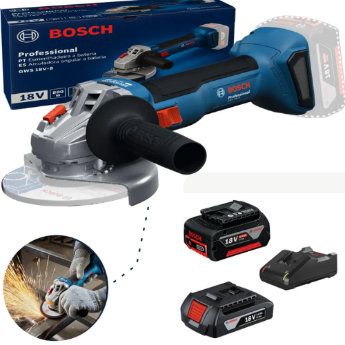 Esmerilhadeira 5 A Bateria 18v Gws18v8 Bosch Profissional + kit 2 baterias 4ah/2ah + carregador