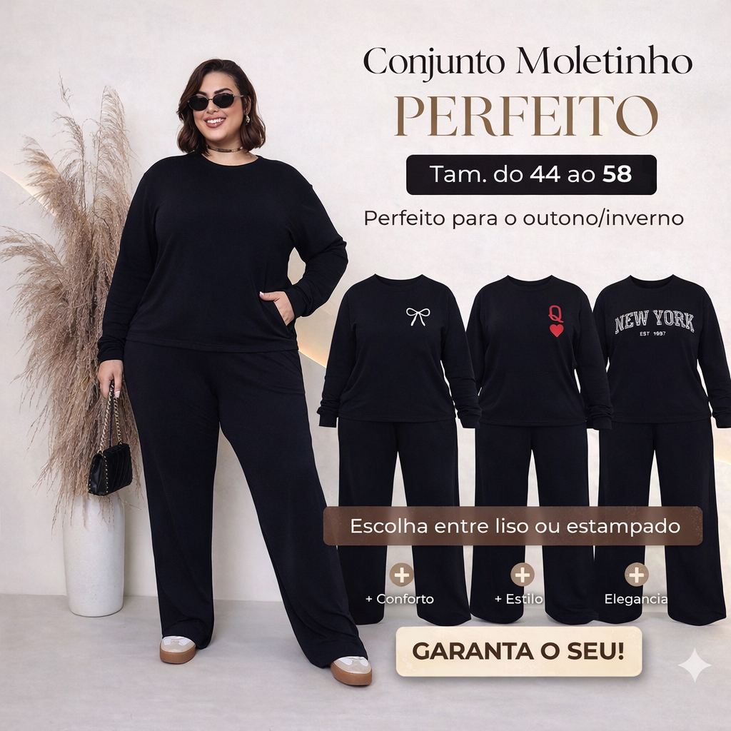 Conjunto de Luxo Moletinho Manga Longa Plus Size Moda Curve Feminina Bolso Canguru Pantalona curvy