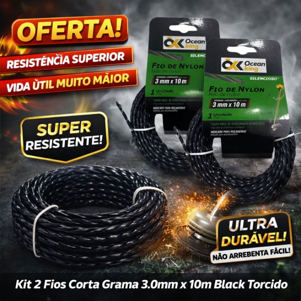 Kit 2 Fios Roçadeira 3.0mm Torcido Preto (Black) Alta Resistência 10m