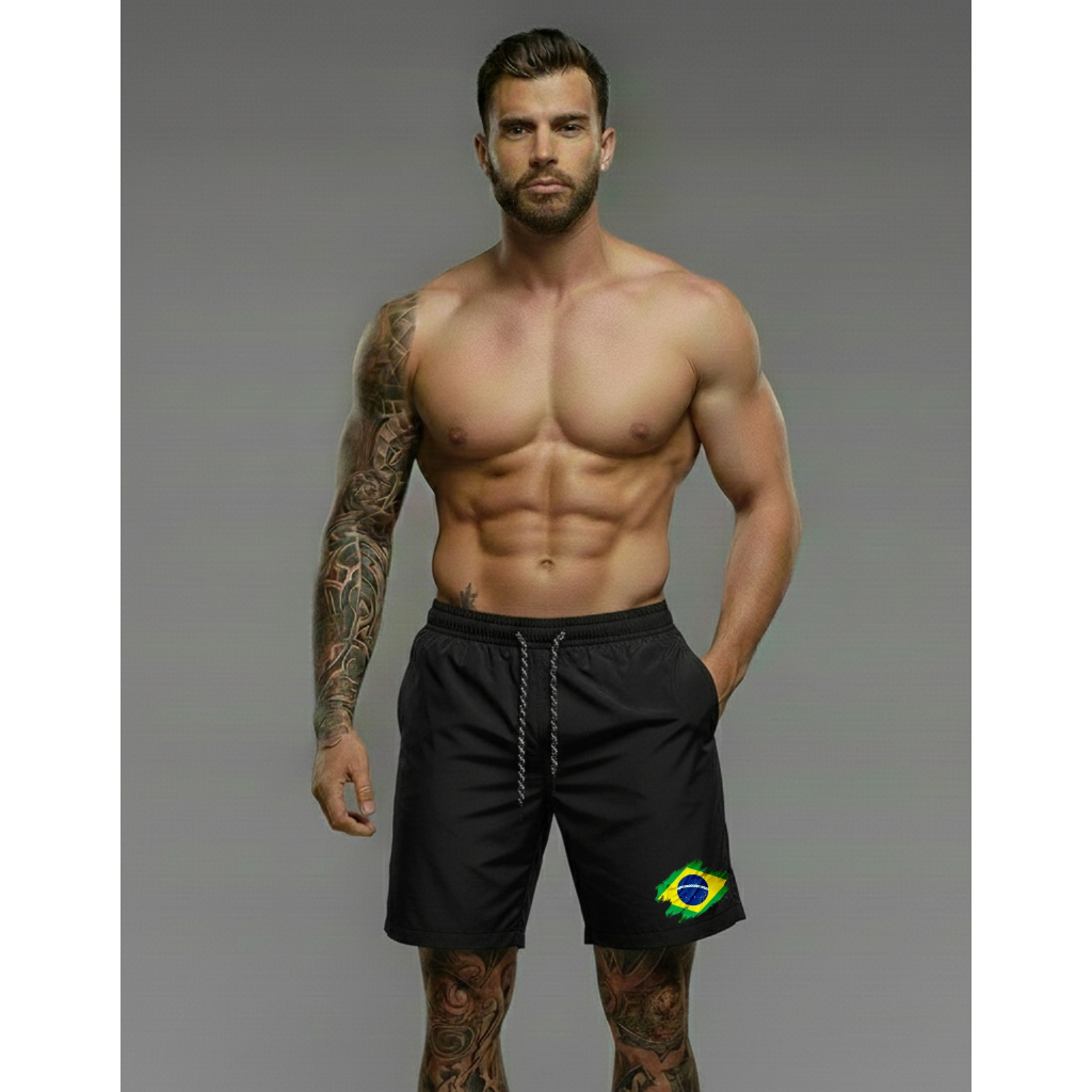 Bermuda SHORTS Masculina Brasil 01 Elastano com Cordão Corrida Ajustável Academia Jogo