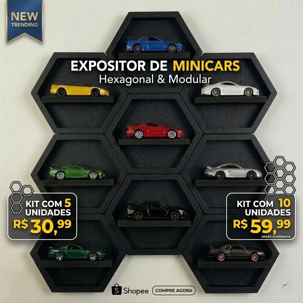 Expositor Colmeia para Hot Wheels Prateleira Organizadora Modular de Parede para Coleção de Carrinhos