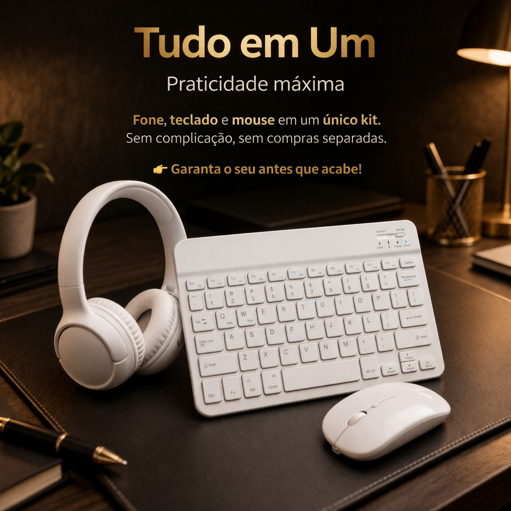 Kit Teclado e Mouse Sem Fio com Fone Bluetooth  Completo Wireless Produtividade Notebook PC