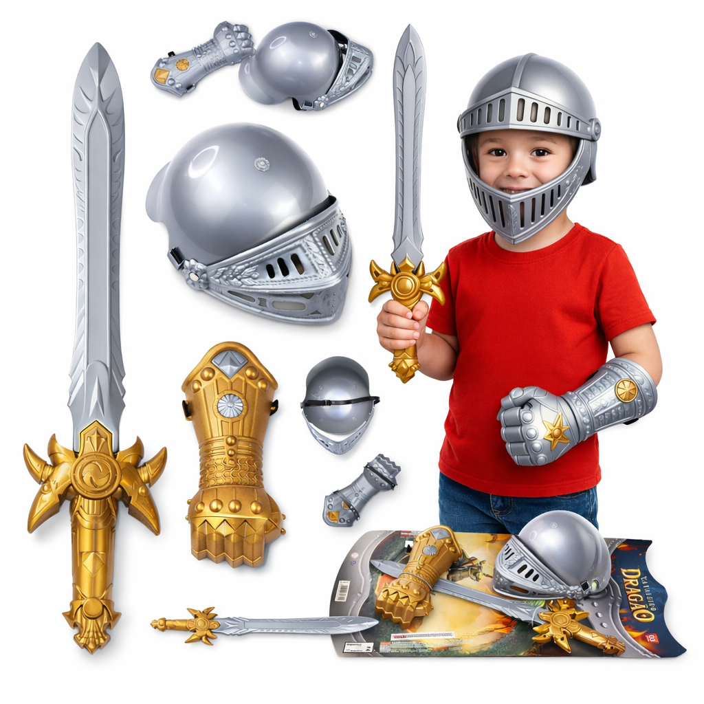 Kit Cavaleiro Medieval Infantil com Capacete Articulado e Luvas Brinquedo Completo