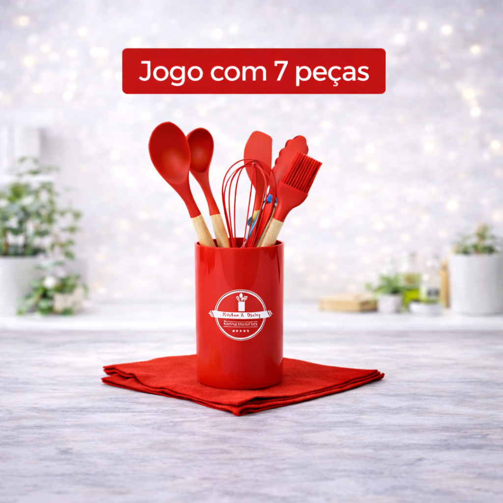 Conjunto Silicone 7 Peças Cabo Madeira Utensílios Cozinha Duráveis Antiaderente Completo Kit Espátula Colher Fouet