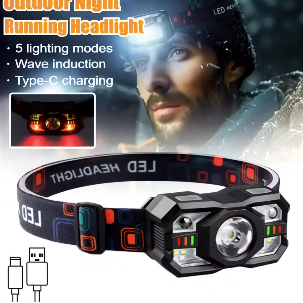 Lanterna De Cabeça Led Com Sensor 5 modos de iluminação e Ajuste De 45° À Prova D'água em Oferta na Shopee