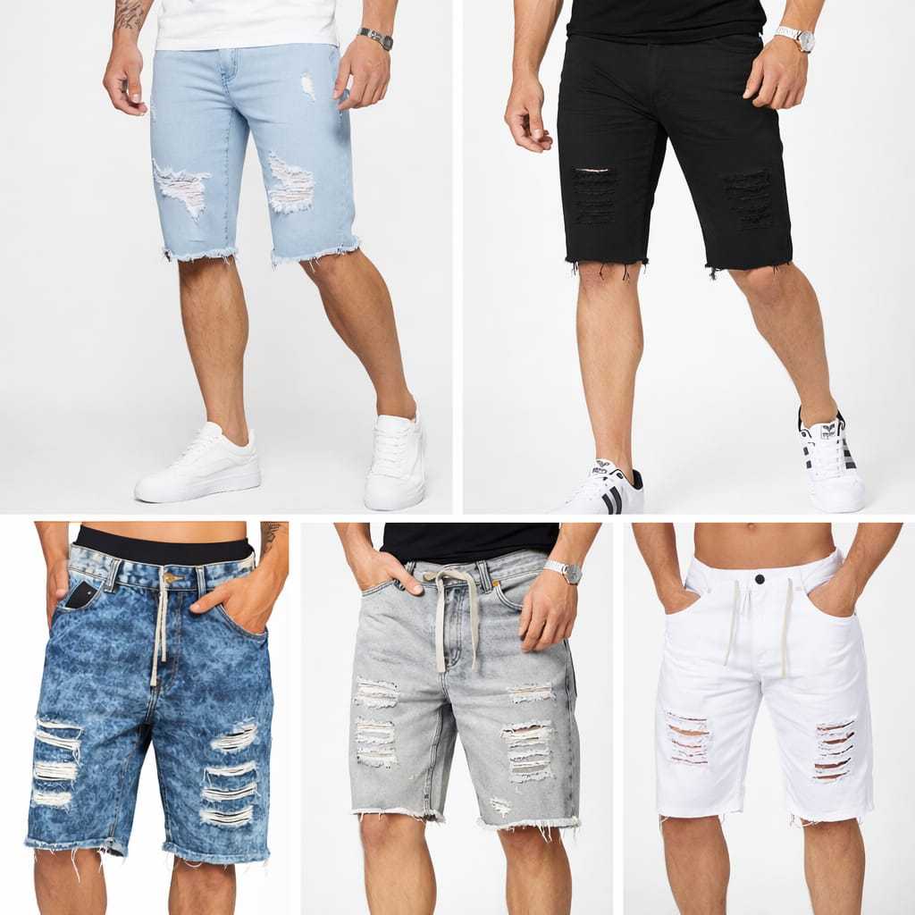Kit Masculino com 5 Bermuda Jeans Rasgada Modelo Jogador Premium
